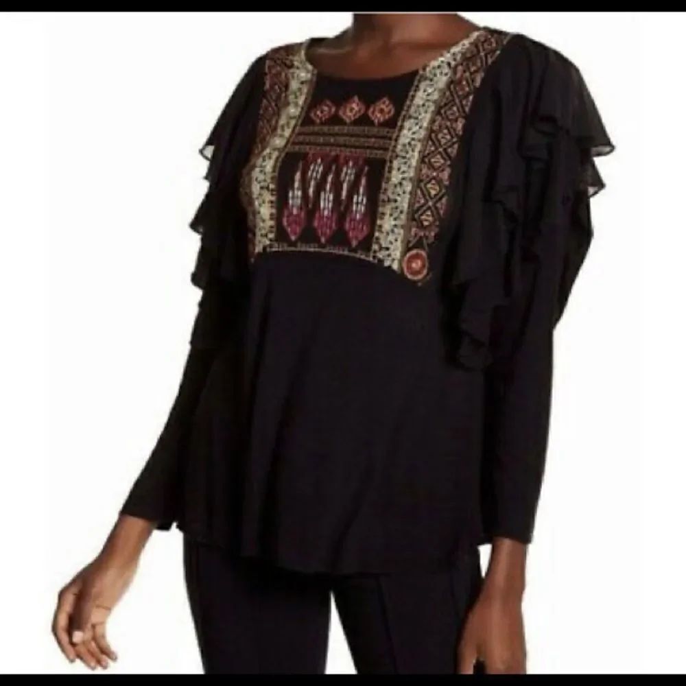 Free People La Cienga Embroidered Tiered Ruffle Blouse